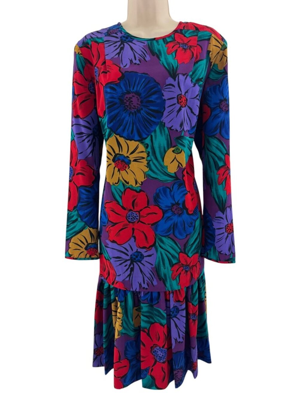 Liz Claiborne Vintage Multicolor Floral Long Sleeve Ruffle Hem Dress Size 10